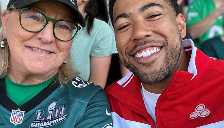 Jake From State Farm Sits With Travis Kelce Mom and Cites Taylor Swift